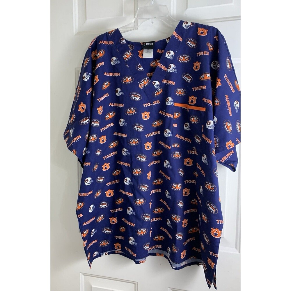 Scrub Dudz Auburn Tigers Shirt Top Size 2X Pocket Football Theme
